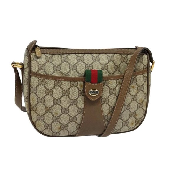 GUCCI GG Supreme Web Sherry Line Bag PVC Brown Gold 89 02 032 Auth 126025 - Picture 1 of 16